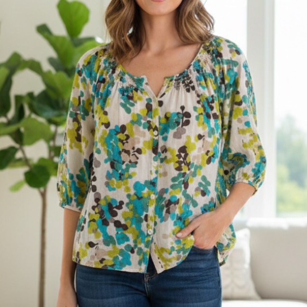 Old Navy Relaxed Blue and Green 3/4 Sleeve Blouse‎ size small